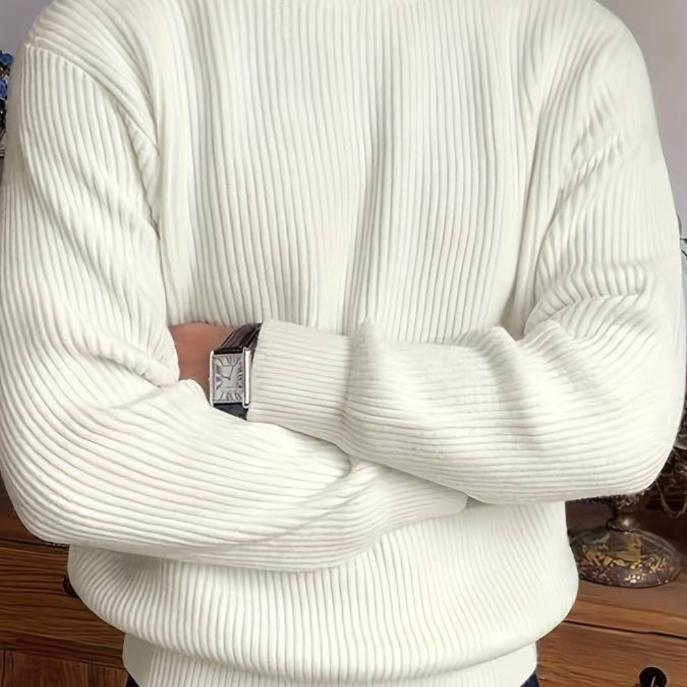 VALDES – Eleganter Herren-Strickpullover in Weiß mit feiner Rippstruktur